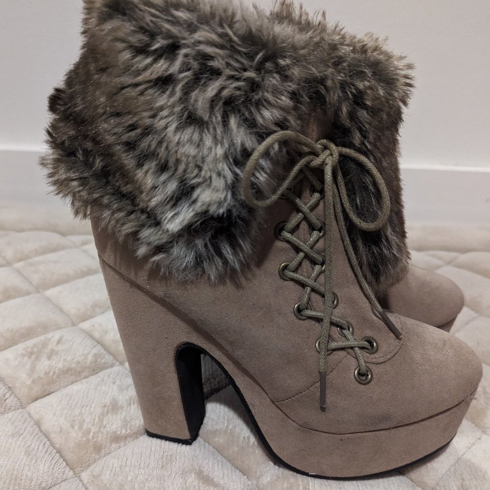 Japanese fur platform lace up zipper boots